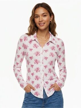 Wilfred Pose Jersey Long Sleeve Button-Down Shirt White with Pink Floral Print
